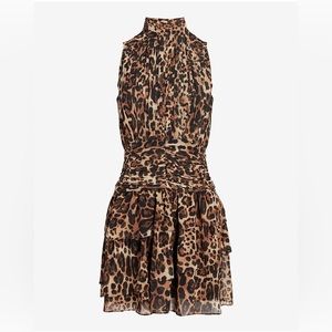 Leopard Print Mock Neck Ruched Waist Tiered Mini Dress